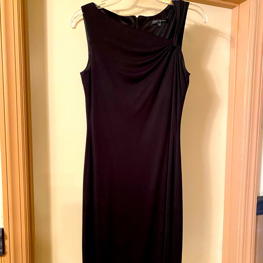 David Meister black cocktail dress fully lined asymmetric neckline